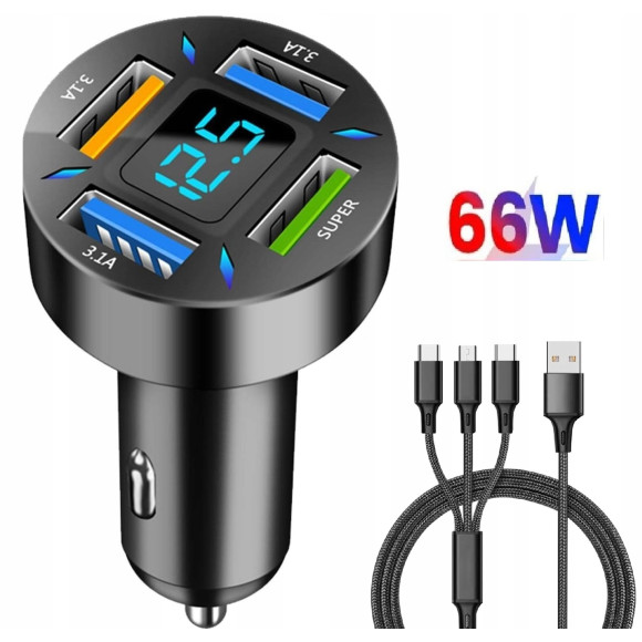 SZYBKA ŁADOWARKA SAMOCHODOWA 4xUSB QC 66W