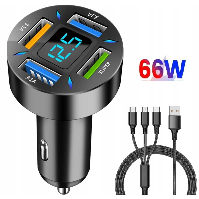 SZYBKA ŁADOWARKA SAMOCHODOWA 4xUSB QC 66W